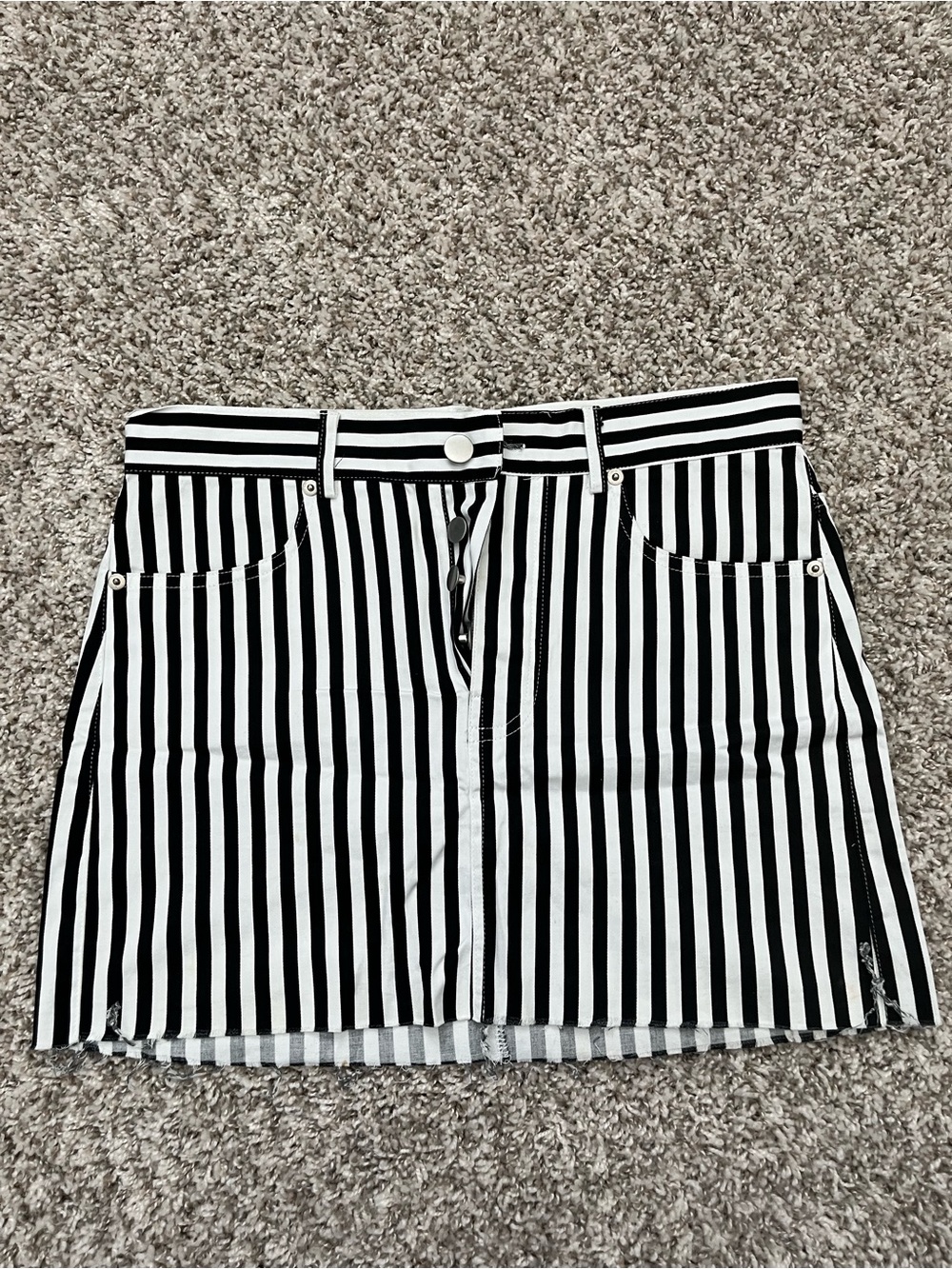 Olivaceous Black and White Vertical Stripe Mini Skirt